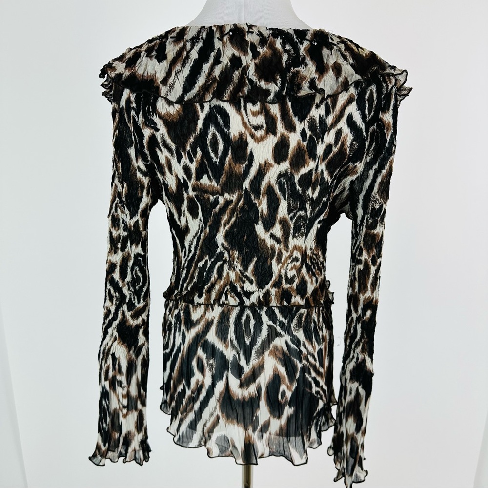 Alberto Makali 90’s Animal Print Ruffle Lace Crinkle Mixed Media Top Size Large - Picture 12 of 15